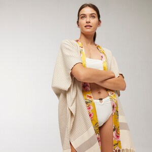 Natural Cotton Kimono Robe with Yellow Bordure, Beach Coverup Kimono, Kimono Robe, Resort Dress for Womens, Dressing Gown, Kimono Jacket image 9