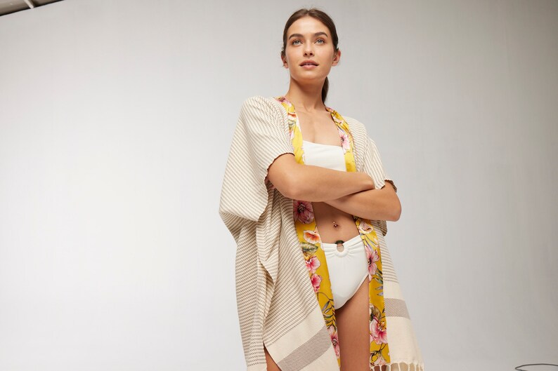 Natural Cotton Kimono Robe with Yellow Bordure, Beach Coverup Kimono, Kimono Robe, Resort Dress for Womens, Dressing Gown, Kimono Jacket image 9