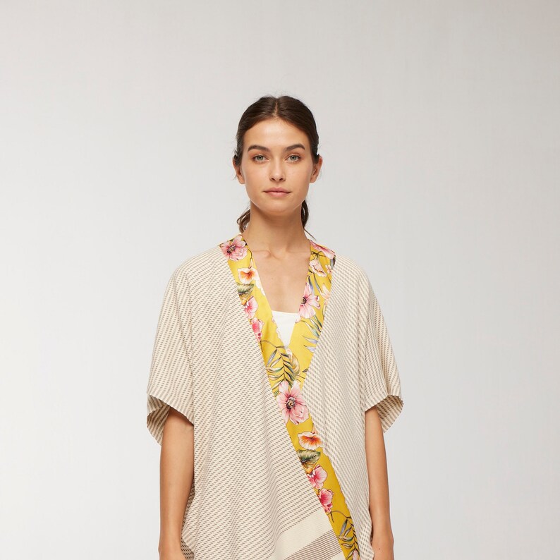 Natural Cotton Kimono Robe with Yellow Bordure, Beach Coverup Kimono, Kimono Robe, Resort Dress for Womens, Dressing Gown, Kimono Jacket image 3