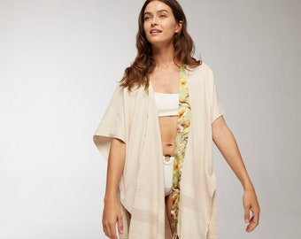 Beige-Green Summer Cardigan for Women, Pesthemal Kimono Robe, Beach Cover Up with Silk Bordure, Resort Kimono Dress, Caftan for Women
