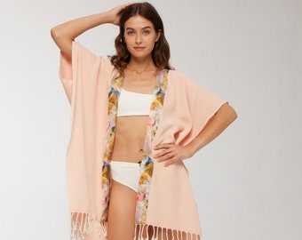 Pink Pesthemal Kimono Robe, Beach Coverup for Womens, Silk Short Resort Dress, Bohamian Clothing, Bridesmaid Kimono Robe, Kimono Cardigan