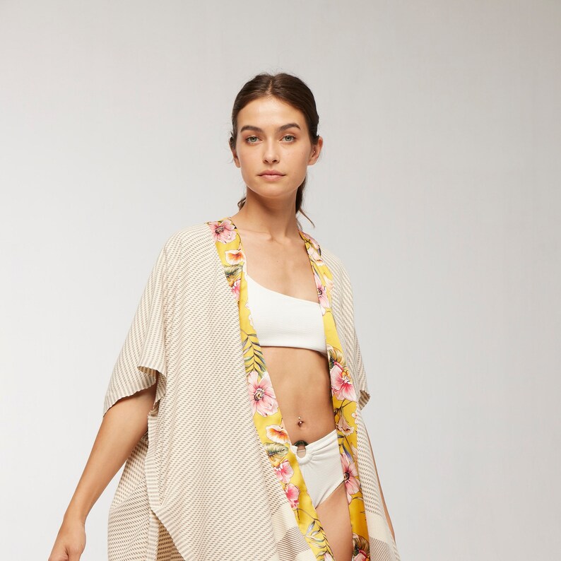 Yellow Silk Bordure Beach Coverup for Women, Short Flower Kimono Robe, Boho Summer Dress, Cotton Kimono Cardigan, Boho Kimono Robe image 5