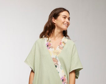 Green Womens Peshtemal Kimono Robe, Floral Summer Cardigan for Women, Beach Coverup, Summer Resort Dress, Cotton Short Kimono