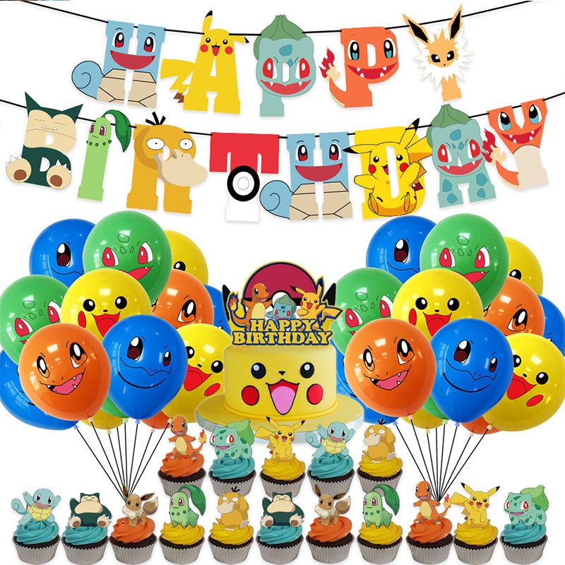 P0kémon Go Pikachu Theme Balloons Birthday Party Decors Banner Cake Toppers  Set