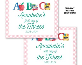 Printable Pink Gingham ABC School Sign, Self-Edit, Printable Back to School Sign, First Day Sign, Printable School Sign