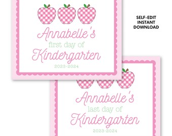 Printable Pink Gingham Apples Sign, Self-Edit, Printable Back to School Sign, First Day Sign, Printable School Sign