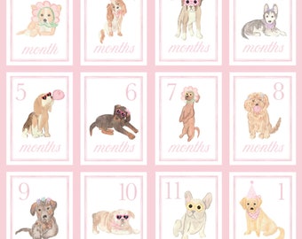 Pink Puppy Watercolor Monthly Milestone Card Set - Baby Girl