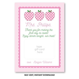 Pink Scallop Gingham Apple Printable Teacher Gift Card Holder, Self-Edit, Printable Teacher Card Holder, Teacher Appreciation