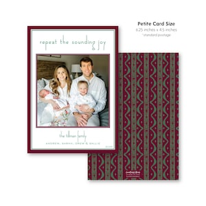 May include: A rectangular holiday card measuring 6.25 inches by 4.5 inches. The front features a family photo, the text 'repeat the sounding joy', 'the tillman family', 'ANDREW, SARAH, DREW & SALLIE', and '2026'. The back has a maroon and green pattern.