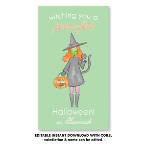 Printable Witch Kitten Costume Halloween Tag, Self-Edit, Printable Halloween Gift Tag, Kids Halloween, Printable Gift Tags