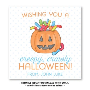 Printable Gummy Worm Candy Halloween Tag, Self-Edit, Printable Halloween Gift Tag, Kids Halloween, Printable Gift Tags