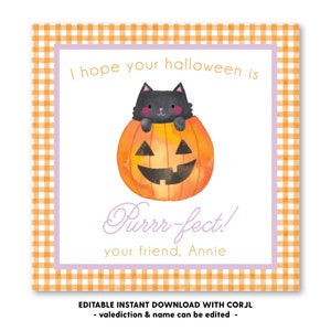Printable Pumpkin Black Cat Halloween Tag, Self-Edit, Printable Halloween Gift Tag, Kids Halloween, Printable Gift Tags