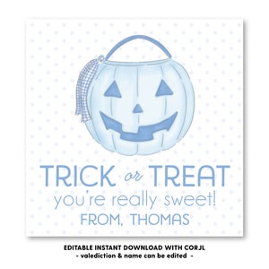 Printable Blue Gingham Pumpkin Bucket Halloween Tag, Self-Edit, Printable Halloween Gift Tag, Kids Halloween, Printable Gift Tags