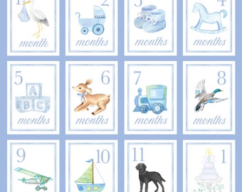 Blue Watercolor Monthly Milestone Card Set - Baby Boy