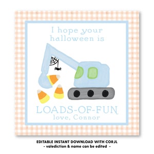 Printable Bulldozer Candy Halloween Tag, Self-Edit, Printable Halloween Gift Tag, Kids Halloween, Printable Gift Tags