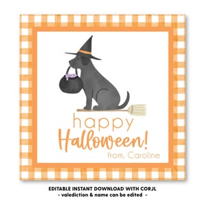 Printable Witch Dog Halloween Tag, Self-Edit, Printable Halloween Gift Tag, Kids Halloween, Printable Gift Tags