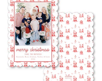 May include: A scalloped-edge Christmas card featuring a family photo with Santa Claus. The text reads merry christmas, THE MURPHYS, Susannah, Ryan, Graham, Tucker, & Louis, 2024. The border and back pattern feature red Santa illustrations.