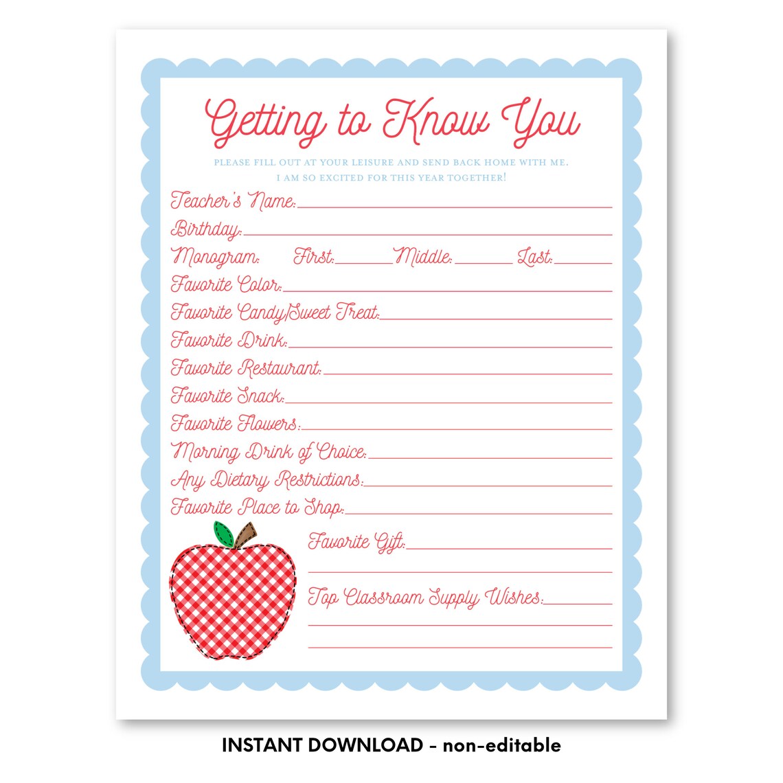 Printable Blue Scallop Teacher Questionnaire, Printable Teachers ...