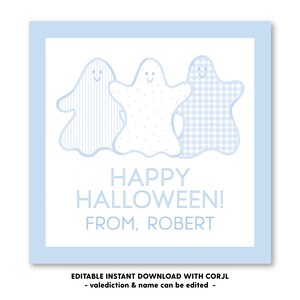 Printable Gingham Ghost - Blue - Halloween Tag, Self-Edit, Printable Halloween Gift Tag, Kids Halloween, Printable Gift Tags