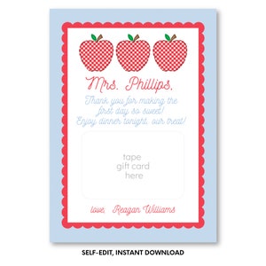 Red Scallop Gingham Apple Printable Teacher Gift Card Holder, Self-Edit, Printable Teacher Card Holder, Teacher Appreciation