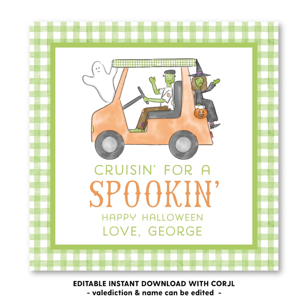 Printable Monster Golf Cart Green Halloween Tag Etsy