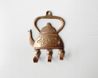 Vintage Brass Copper Teapot Wall Hook Tea Towel Holder