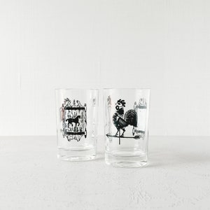 Vintage Libbey Curio Horse and Rooster Black and White Juice Glass