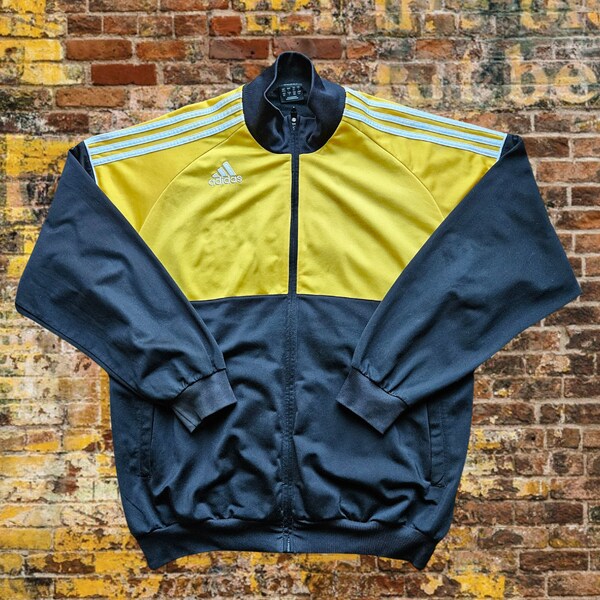 Preloved Black Yellow Adidas Track Jacket. Medium. Streetwear, Sportswear, Unisex, Second Hand, Retro Look, Vintage Inspired