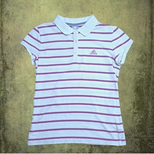 Ladies Stripe Adidas Polo - UK 14 - Sports, T-Shirt, Streetwear, Purple, Pink, Vintage, Sportswear, Preloved,  Second Hand, Tee