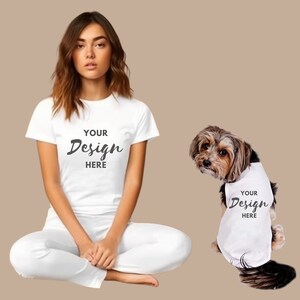 Pet White Shirt Mockup, Dog and Woman Shirt Mockup, Dog Tee Mockup, Dog Model Mockup, Dog Shirt Mockup, Transparent Background PNG File
