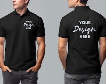 Front and Back Polo Shirt Mockup, Male Model Black Shirt MockUp, Black Model Gildan 3800, Model Polo Shirt Mockup, Mock Up Men&#39;s Polo.