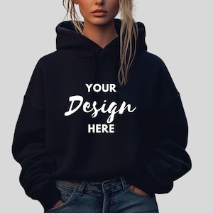 Gildan 18500 Black Hoodie Mockup | G185 Hooded Sweatshirt Mockup | Model Mock | Gildan 18500 Hoodie | Oversized Simple Black Hoodie Mock-up