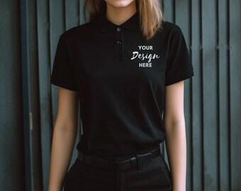 Polo Shirt Mockup, Woman Model Black Shirt MockUp, Tshirt Mockup, Black Model Gildan 3800, Model Polo Shirt Mockup, Mock Up Women's Polo.