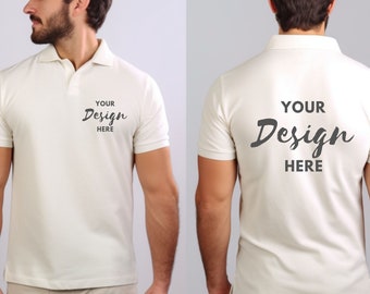 Front and Back Polo Shirt Mockup, Male Model Ivory Shirt MockUp, Ivory Model Gildan 3800, Model Polo Shirt Mockup, Mock Up Men&#39;s Polo.