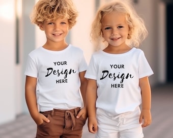 Childs White Tshirt Mockup, Sibling TShirt Mockup Models Kids, Toddler Brother Sister Tshirt Mockup, Kids Friends Tee Mockup Boho Shirt Mock