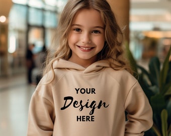Dziecięca bluza z kapturem Sand Hoodie Model makieta, Dziecięca piaskowa bluza świąteczna makieta, Boho sweterek dla dziewczynki, Model bluzy z kapturem makieta, Dziewczęca bluza z kapturem Sand Hoodie