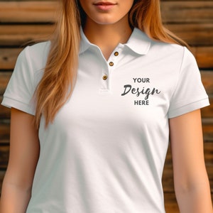 Maquette de polo, maquette de chemise blanche modèle femme, maquette de t-shirt, modèle blanc Gildan 3800, maquette de polo modèle, maquette de polo femme.