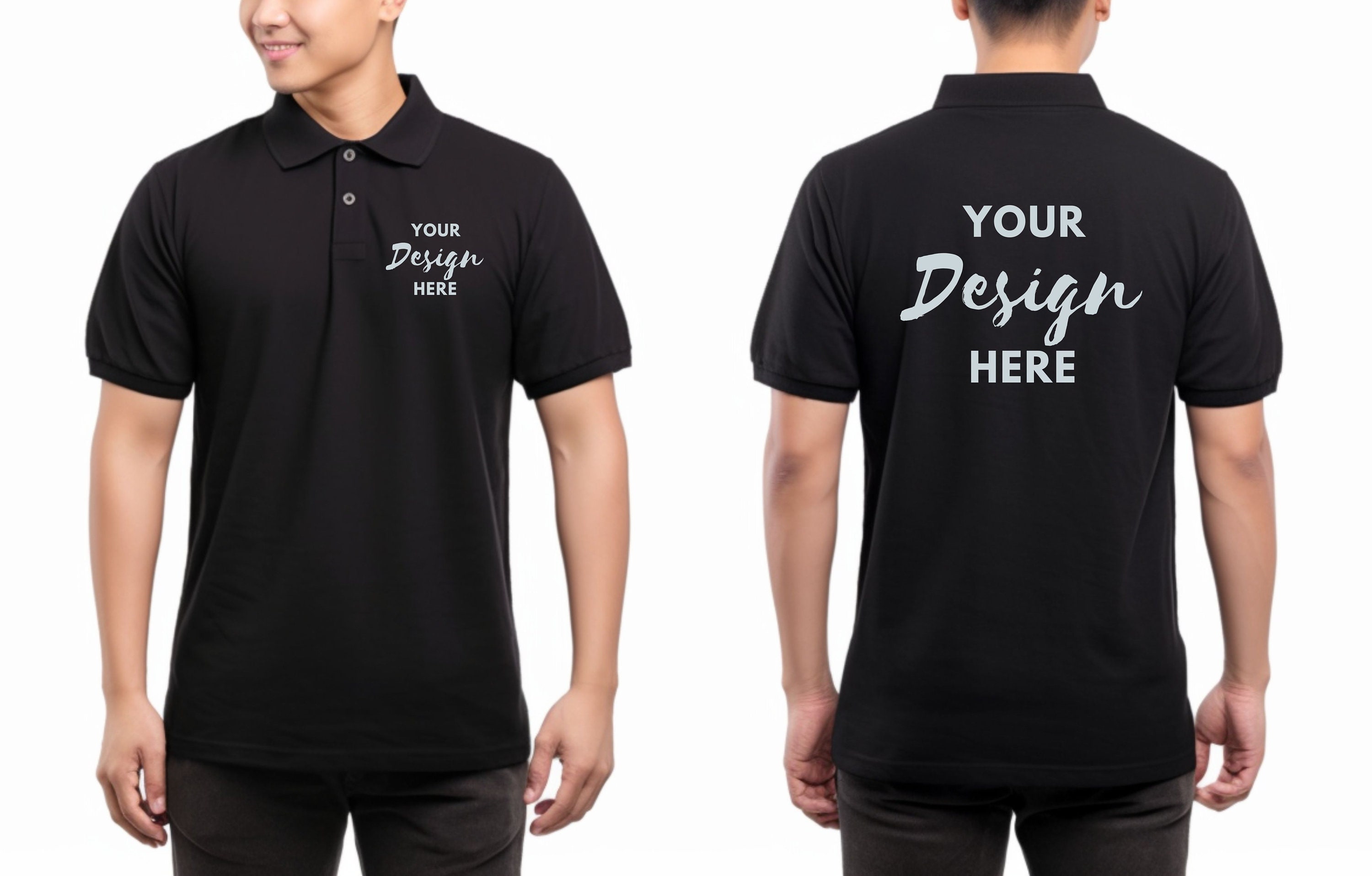 Front and Back Polo Shirt Mockup, Male Model Black Shirt MockUp, Black Model Gildan 3800, Model Polo Shirt Mockup, Mock Up Men's Polo.