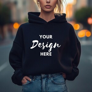Gildan 18500 Black Hoodie Mockup | G185 Hooded Sweatshirt Mockup | Model Mock | Gildan 18500 Hoodie | Oversized Simple Black Hoodie Mock-up
