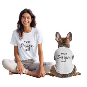 Pet White Shirt Mockup, Dog and Woman Shirt Mockup, Dog Tee Mockup, Dog Model Mockup, Dog Shirt Mockup, Digital Download, Transparent PNG.