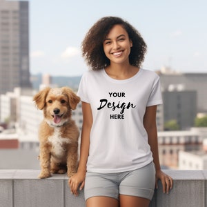 Bella Canvas 3001 Mockup, Bella Canvas White Shirt Mockup, Tshirt Mockup, Dog Mom Mockup, Model Mockup, Mockup With Dog, White Shirt Mock-up