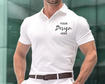 Polo Shirt Mockup, Male Model White Shirt MockUp, Tshirt Mockup,  White Model, Gildan 3800, Model Polo Shirt Mockup, Mock Up Men's Polo.