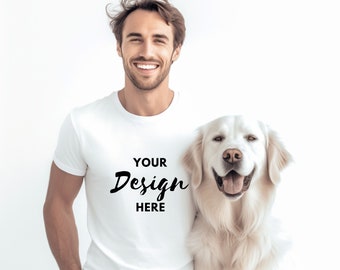Bella Canvas 3001 Mockup, Bella Canvas White Shirt Mockup, Tshirt Mockup, Dog Dad Mockup, Model Mockup, Mockup With Dog, White Shirt Mock