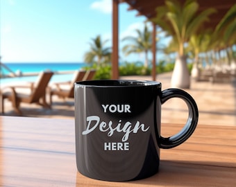 Beach Black Mug MockUp, Mug Photo Mock Up, Coffee Cup Mockup, Coffee Mug Mockup, Mug Mockup, Blank Mug Mockup, PNG Digital Download.