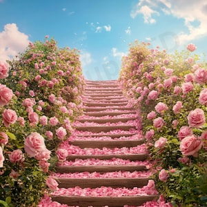 Floral Stairway Digital Photography Backdrop: Spring Nature Scene (Digital Download)