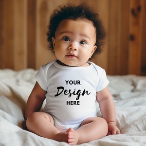 Infant Onesie Mock ups White Baby Bodysuit Mockup Bodysuit Mockup Styled Photography Fall MockUp, African American onesie Mockup Stock Photo