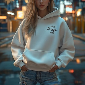 Gildan 18500 White Hoodie Mockup | G185 Hooded Sweatshirt Mockup | Model Mock | Gildan 18500 Hoodie | Oversized Simple White Hoodie Mock-up