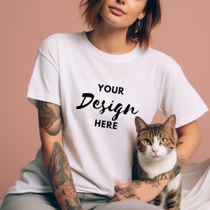 Bella Canvas 3001 Mockup, Bella Canvas White Shirt Mockup, Tshirt Mockup, Cat Mom Mockup, Model Mockup, Mockup With Cat, White Shirt Mock
