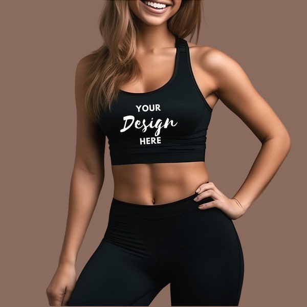 Woman Sports Yoga Bra Mockup, Black Sports Bra Mockup, Women's All-Over Print Sports Bra Mock, Printful Sports Bra Model Mockup, Female Mock