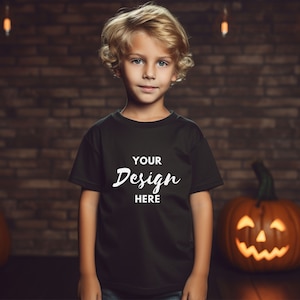 Halloween Black T-Shirt Mock, Kids Tshirt Mockup, Boy Shirt Mock-up, Fall Lifestyle mock-ups Black Tshirt Child Mockup, Aesthetic Mock-ups